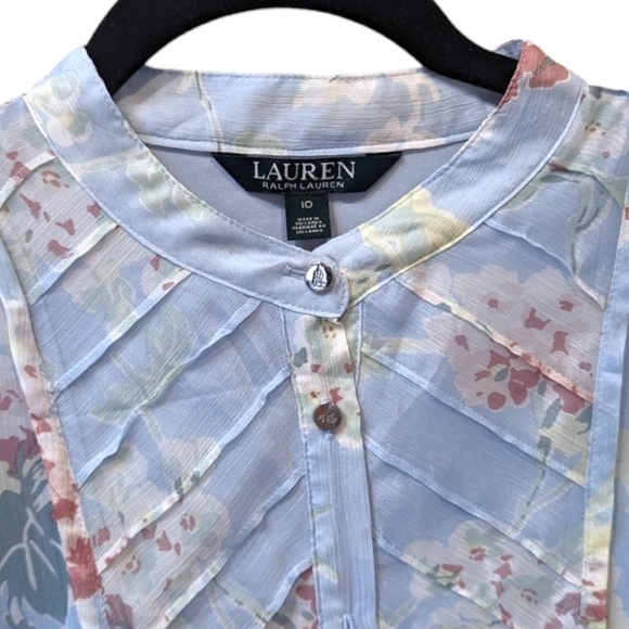 Lauren Ralph Lauren Blue Floral Ruffled Pintucked Spring Chiffon Dress (10) - Picture 3 of 4